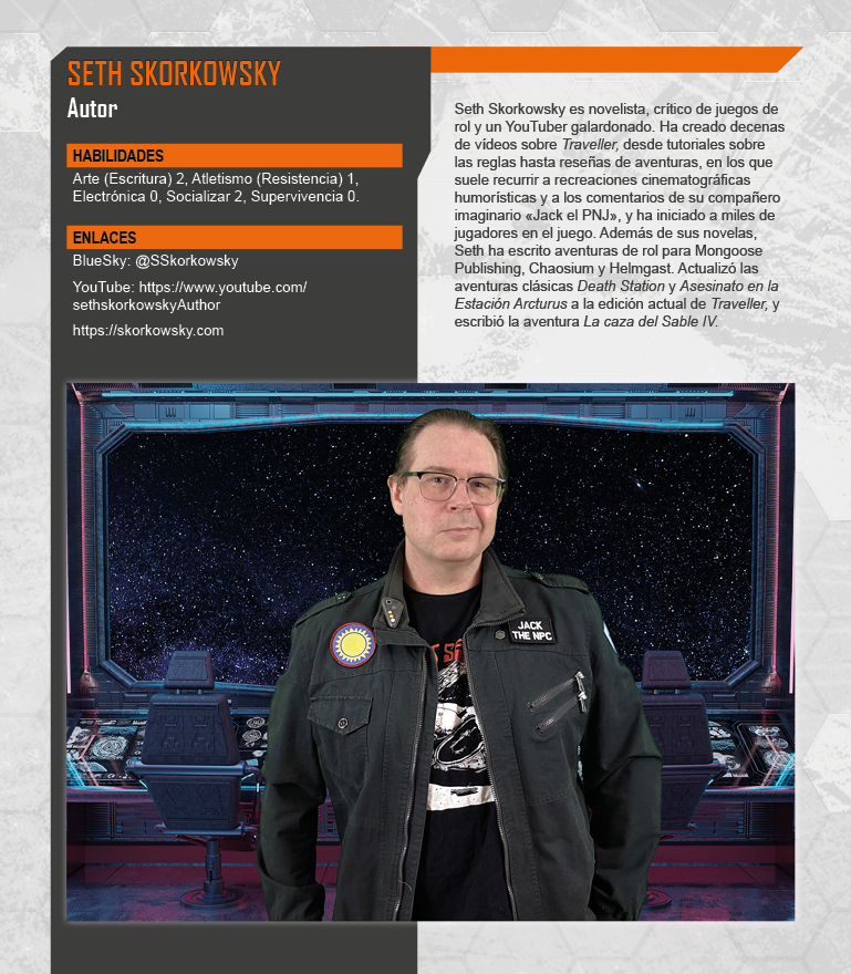 La imagen recrea una ficha de Viajero de Ficha de Seth Skorkowsky con una fotografía suya caracterizado como espacial.